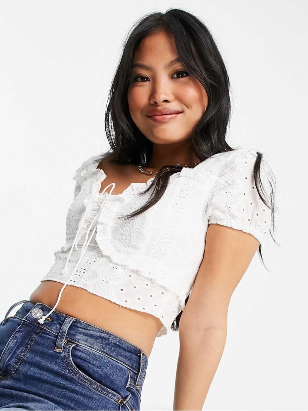 ASOS Parisian White Eyelet Lace Milkmaid Crop Top Floral Smocked Sz 10 NWT